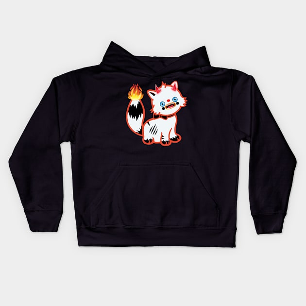 Demonic cat with a flaming tail and horns on its head Kids Hoodie by LordKaoz